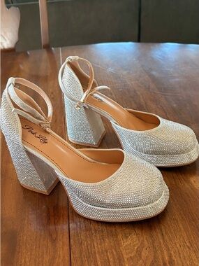 Pink Lily Silver Crystal Platform Block Heels with Ankle Strap